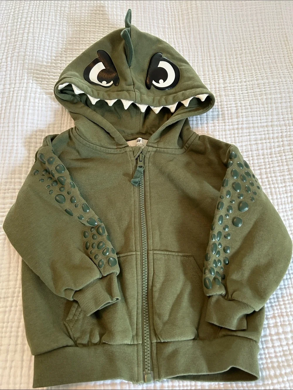 H&M Olive Green Dino Zip Hoodie with Teeth and Eyes